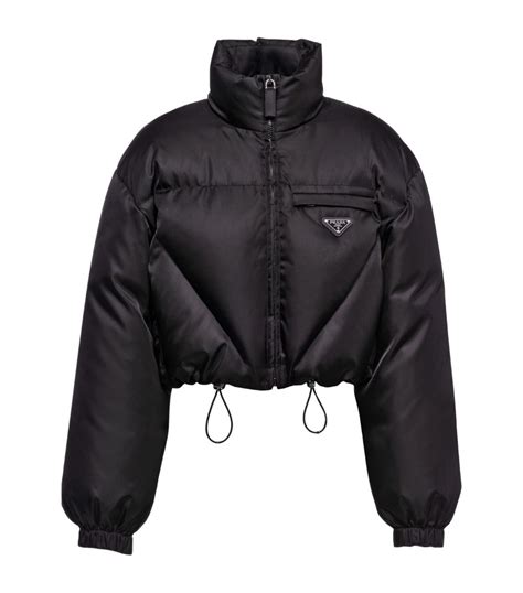 prada black tweed jacket|Prada nylon cropped puffer jacket.